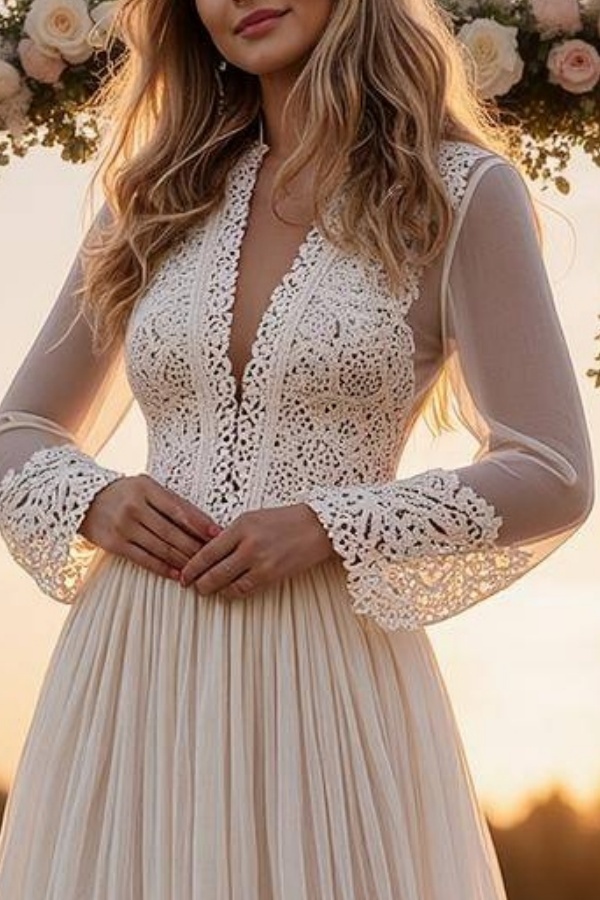 Formal ​Wedding Dress White V Neck Long Sleeve Maxi Lace Dress