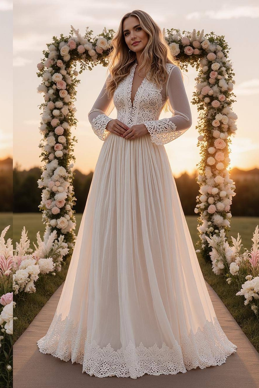 Formal ​Wedding Dress White V Neck Long Sleeve Maxi Lace Dress