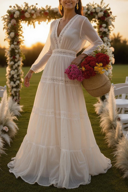Formal ​Wedding Dress White V Neck Long Sleeve Maxi Dress
