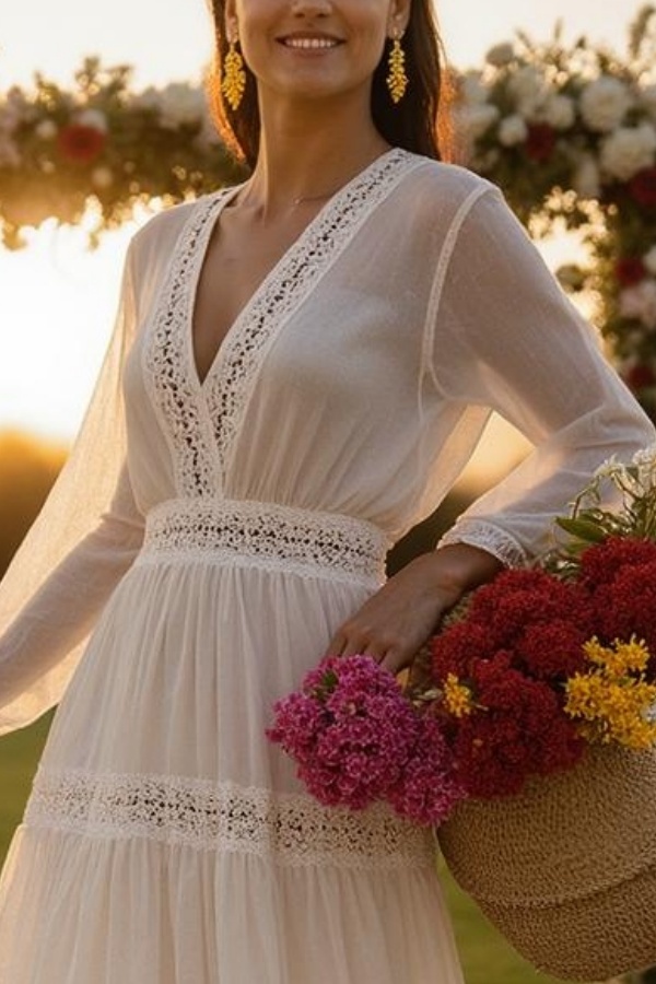 Formal ​Wedding Dress White V Neck Long Sleeve Maxi Dress