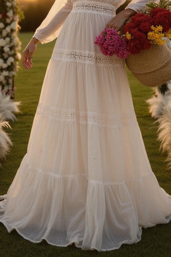 Formal ​Wedding Dress White V Neck Long Sleeve Maxi Dress