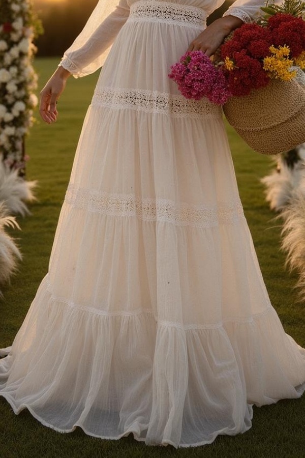 Formal ​Wedding Dress White V Neck Long Sleeve Maxi Dress