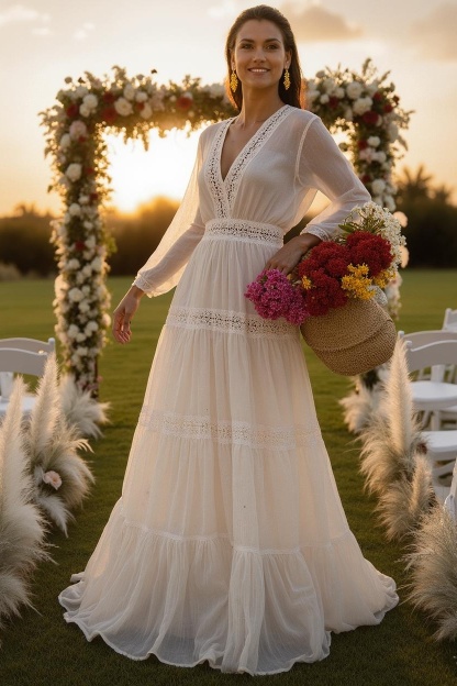 Formal ​Wedding Dress White V Neck Long Sleeve Maxi Dress