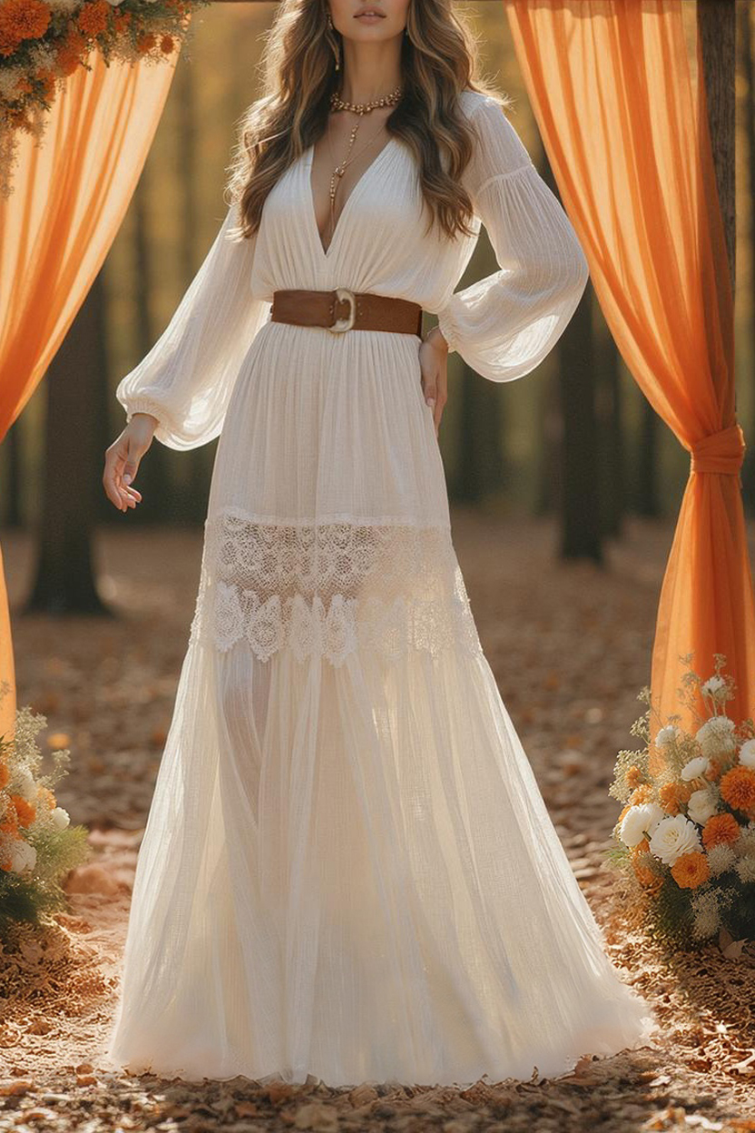 Formal ​Wedding Dress White V Neck Long Sleeve Maxi Lace Dress