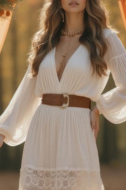 Formal ​Wedding Dress White V Neck Long Sleeve Maxi Lace Dress