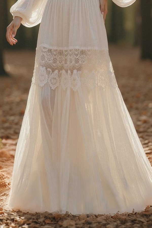 Formal ​Wedding Dress White V Neck Long Sleeve Maxi Lace Dress