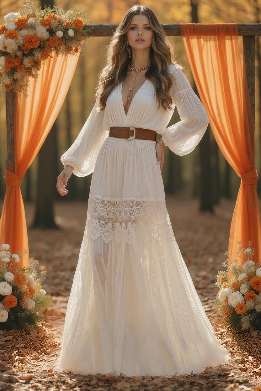 Formal ​Wedding Dress White V Neck Long Sleeve Maxi Lace Dress