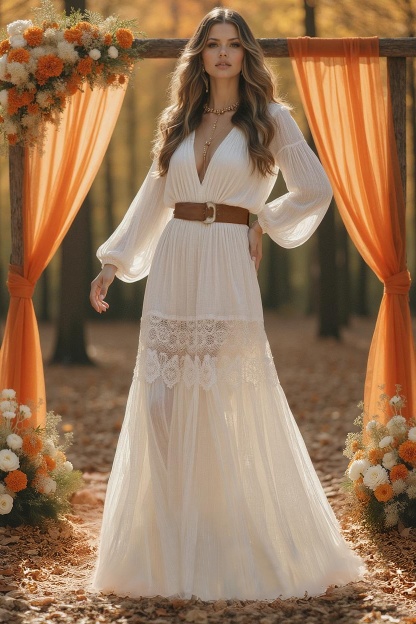 Formal ​Wedding Dress White V Neck Long Sleeve Maxi Lace Dress