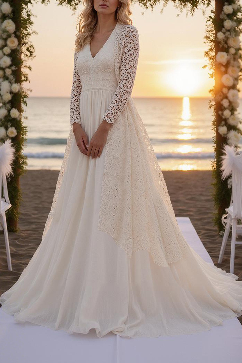 Formal ​Wedding Dress White V Neck Long Sleeve Maxi Lace Dress