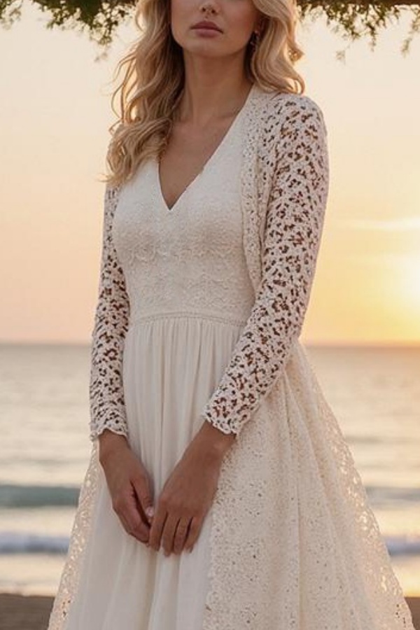 Formal ​Wedding Dress White V Neck Long Sleeve Maxi Lace Dress
