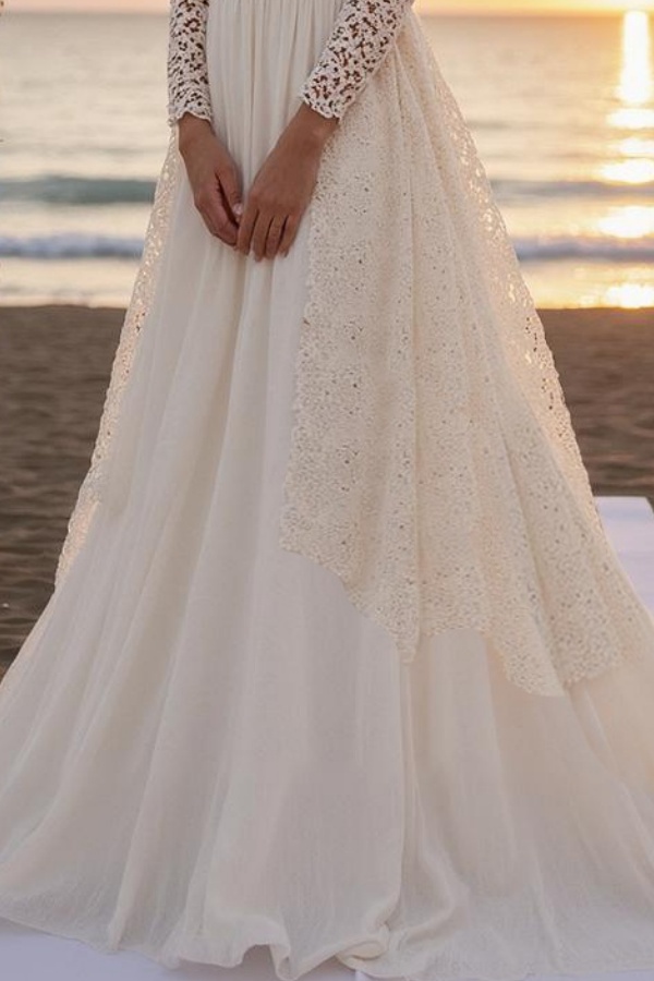 Formal ​Wedding Dress White V Neck Long Sleeve Maxi Lace Dress