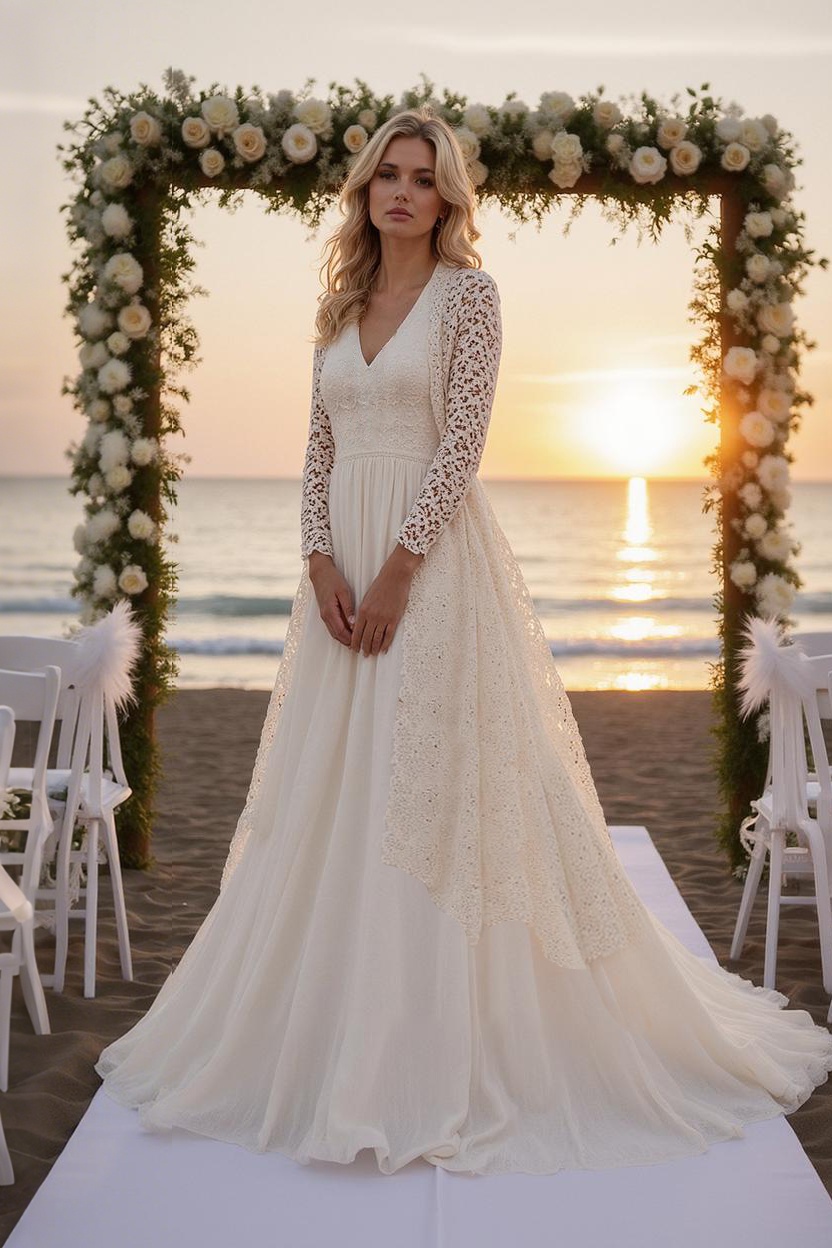 Formal ​Wedding Dress White V Neck Long Sleeve Maxi Lace Dress