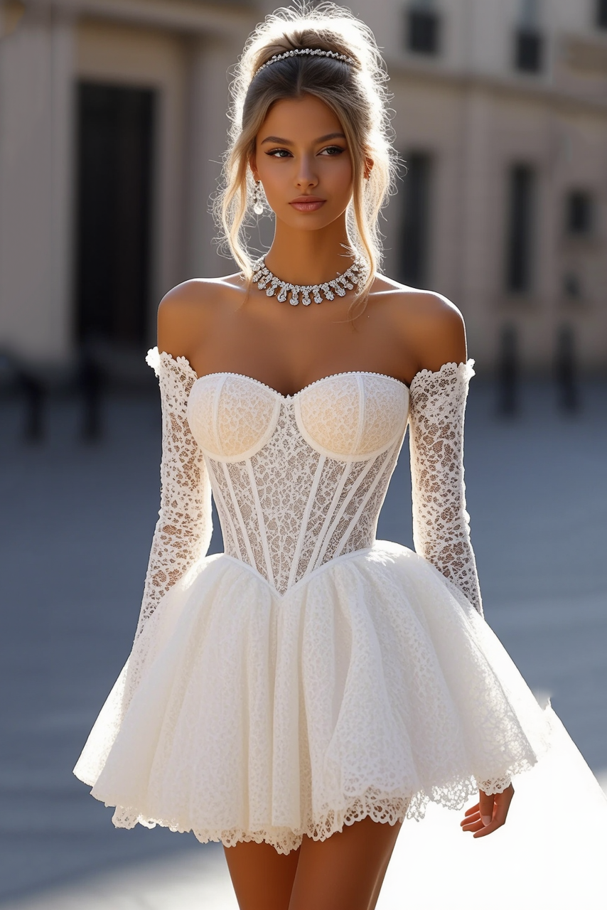 Homecoming Dress​​ White Strapless Long Sleeve Lace Mini Corset Dress