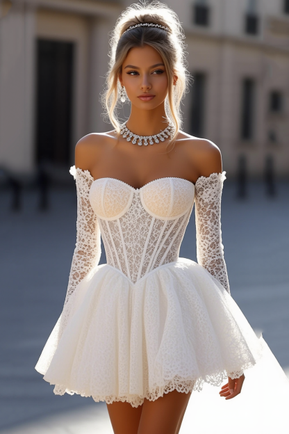 Homecoming Dress​​ White Strapless Long Sleeve Lace Mini Corset Dress