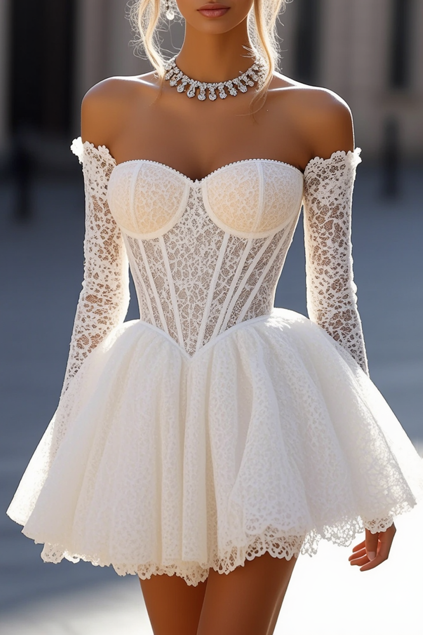 Homecoming Dress​​ White Strapless Long Sleeve Lace Mini Corset Dress