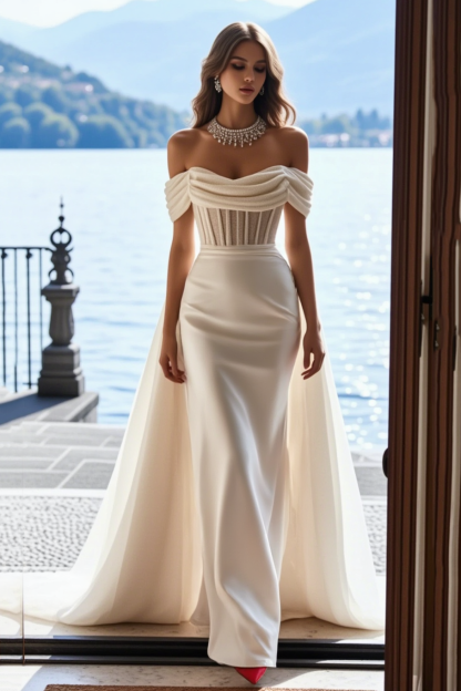 Formal ​Wedding Dress White Strapless with Train Maxi Corset Dress