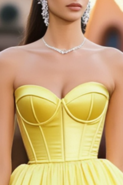 Homecoming Dress​​ Yellow Strapless Mini Tiered Dress