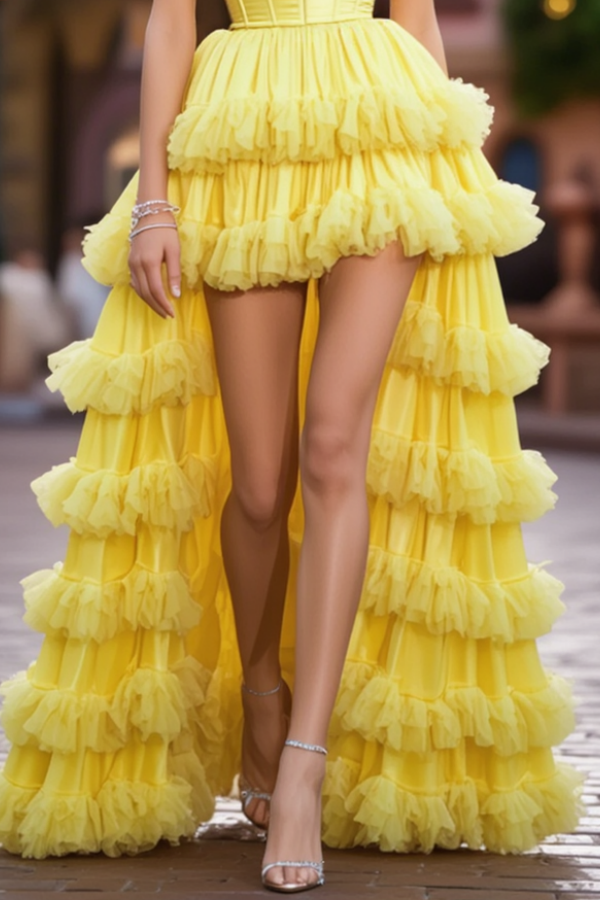 Homecoming Dress​​ Yellow Strapless Mini Tiered Dress