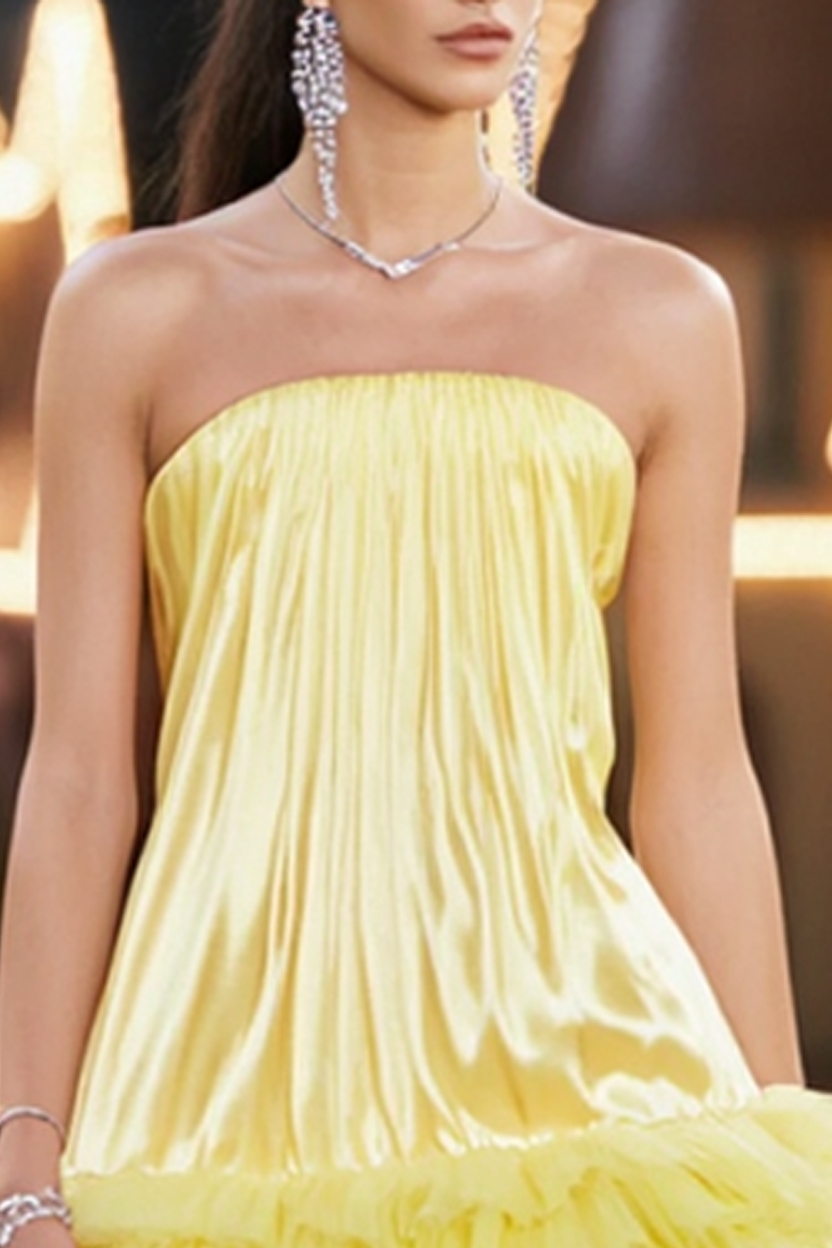 Homecoming Dress​​ Yellow Strapless Mini Tiered Dress