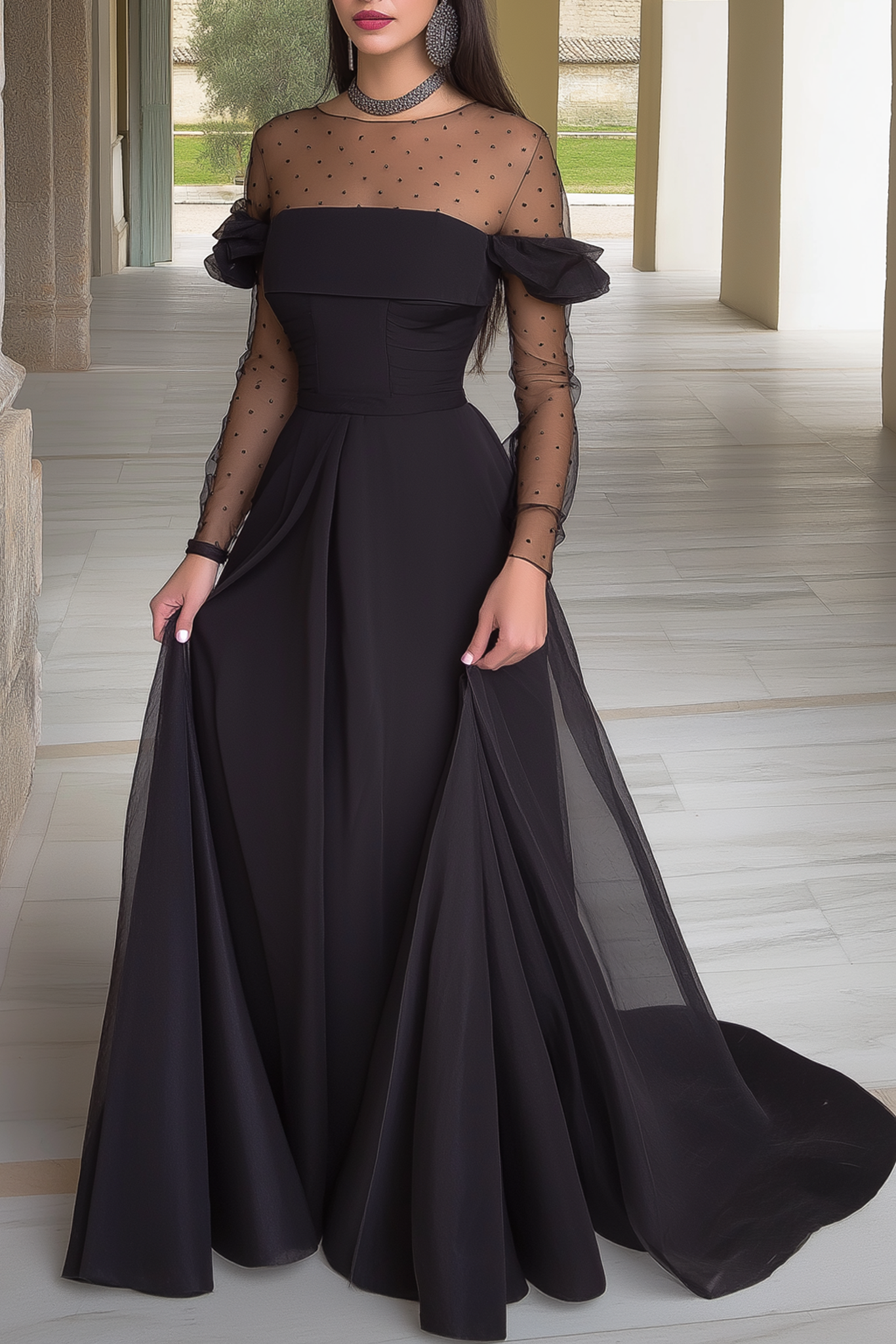 Formal Evening Dress Black Crew Neck Long Sleeve Maxi Dress