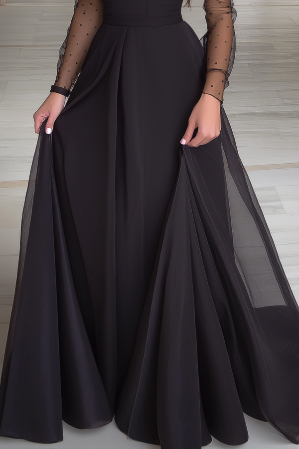 Formal Evening Dress Black Crew Neck Long Sleeve Maxi Dress