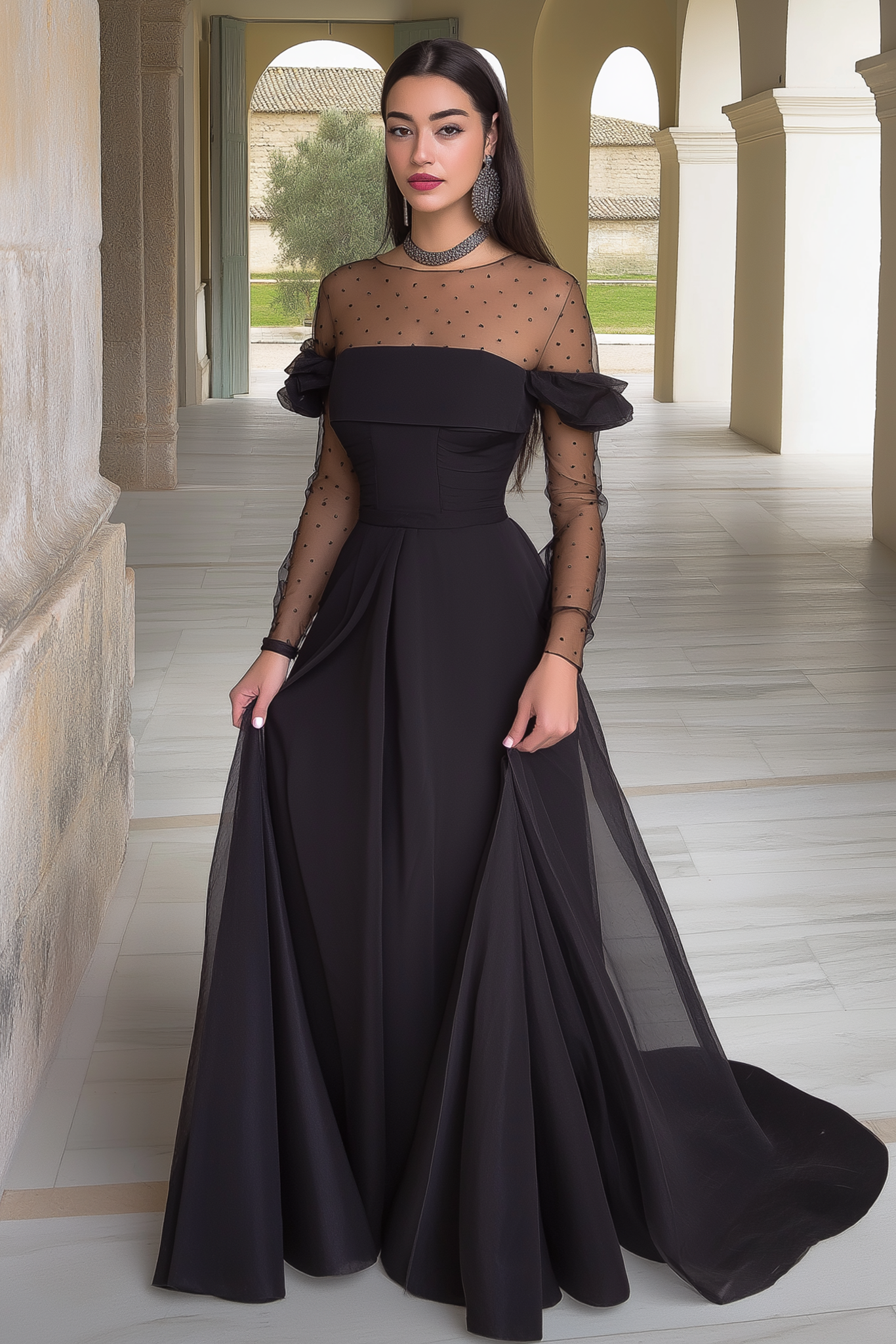 Formal Evening Dress Black Crew Neck Long Sleeve Maxi Dress