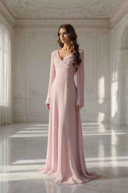 Formal Evening Dress Pink V Neck Maxi Dress