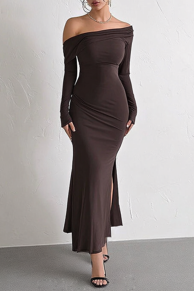 Cocktail Party Dress Coffee Off Shoulder Long Sleeve Maxi Sheath Dress