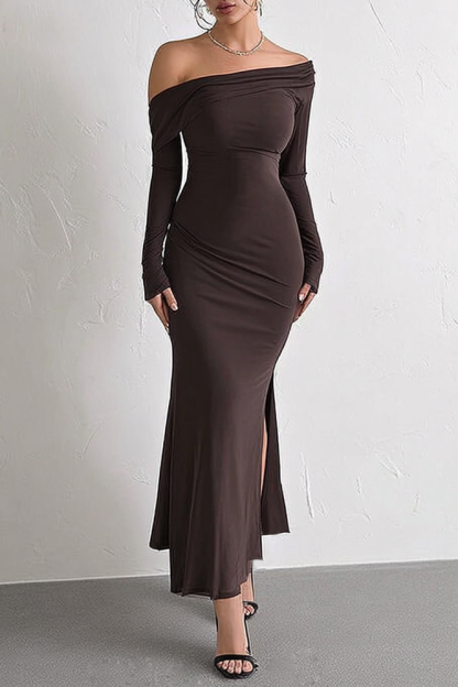 Cocktail Party Dress Coffee Off Shoulder Long Sleeve Maxi Sheath Dress