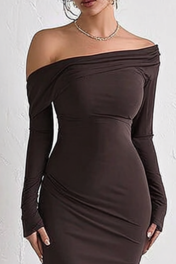 Cocktail Party Dress Coffee Off Shoulder Long Sleeve Maxi Sheath Dress