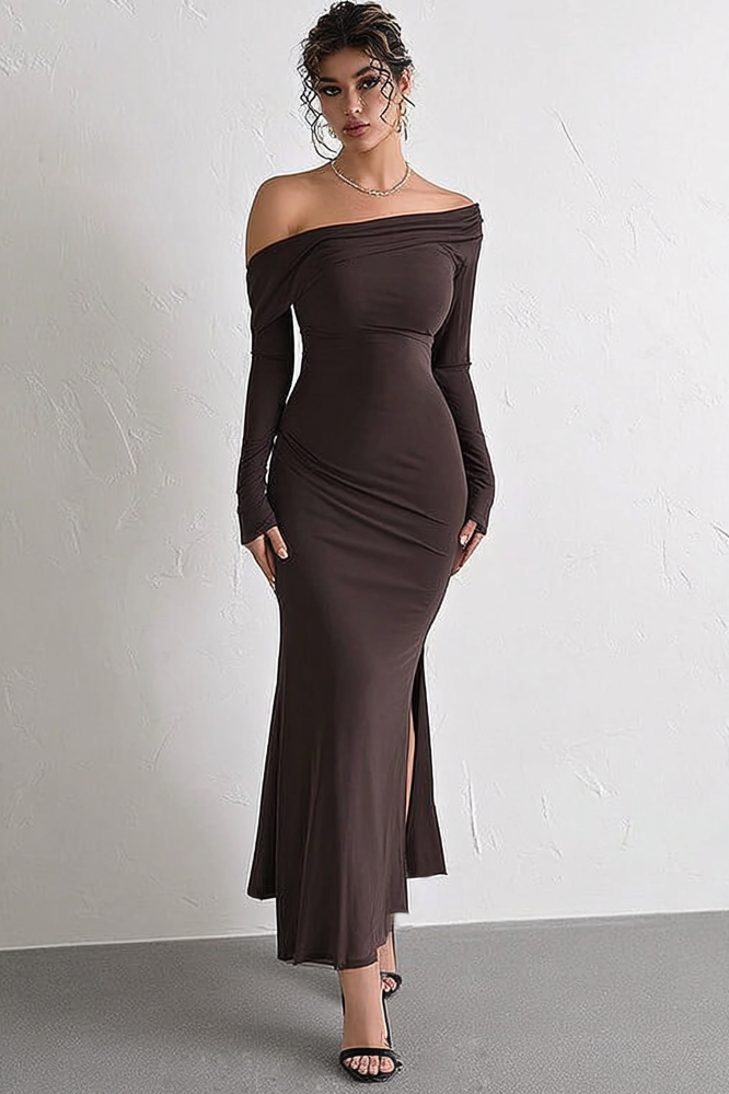 Cocktail Party Dress Coffee Off Shoulder Long Sleeve Maxi Sheath Dress