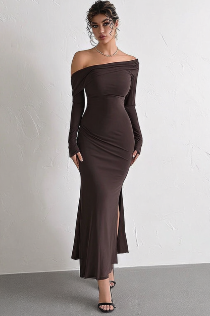Cocktail Party Dress Coffee Off Shoulder Long Sleeve Maxi Sheath Dress