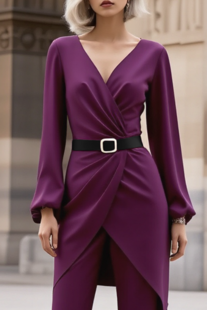 Work Outfit Sets Purple V Neck Long Sleeve Pants Set
