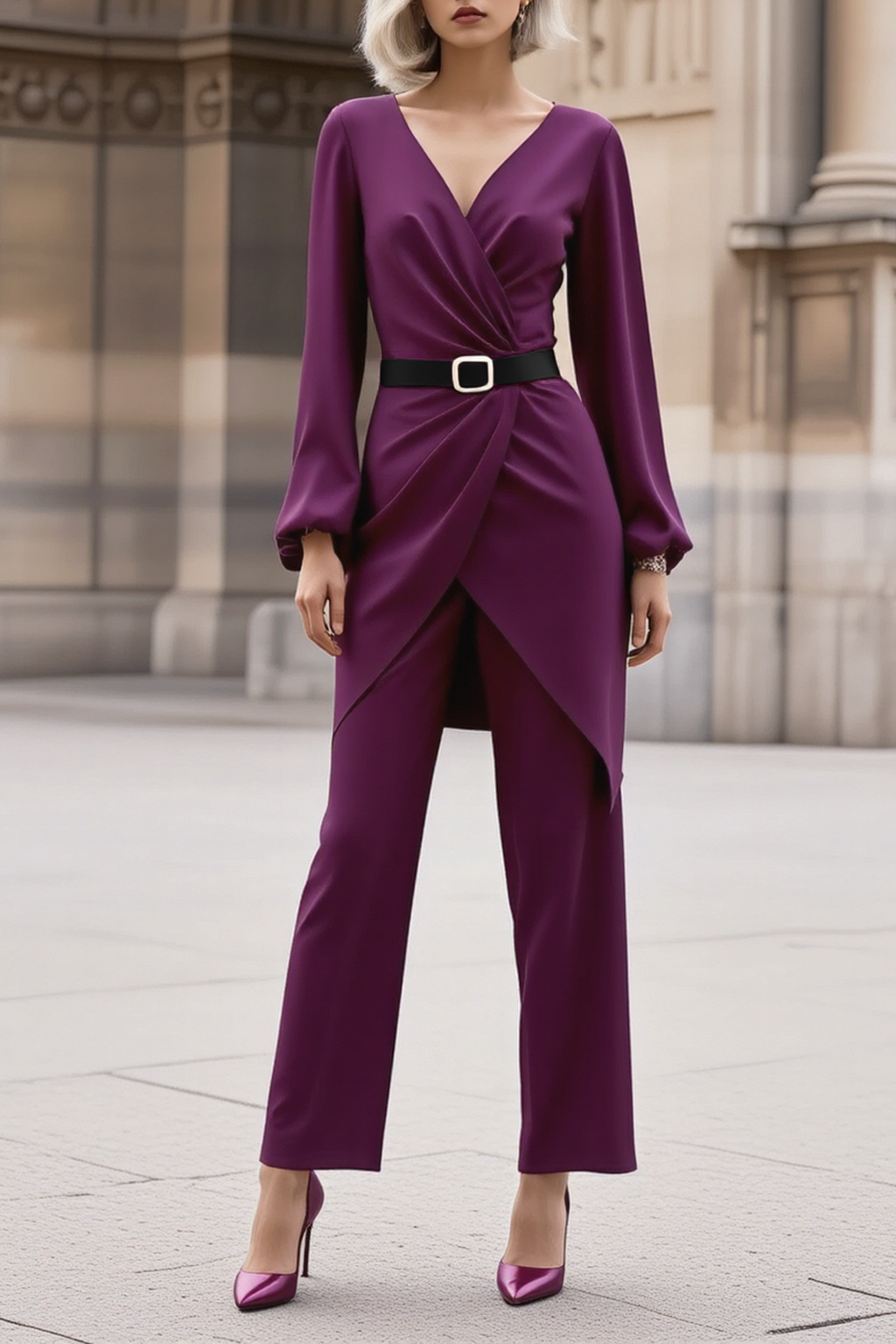 Work Outfit Sets Purple V Neck Long Sleeve Pants Set