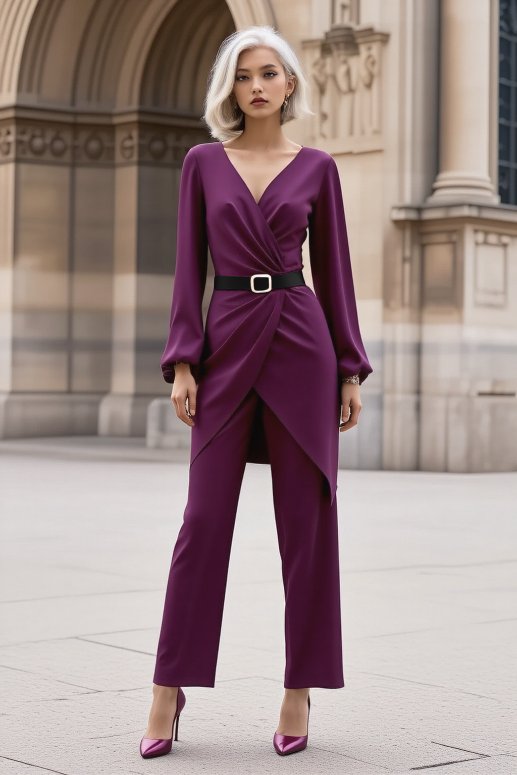 Work Outfit Sets Purple V Neck Long Sleeve Pants Set
