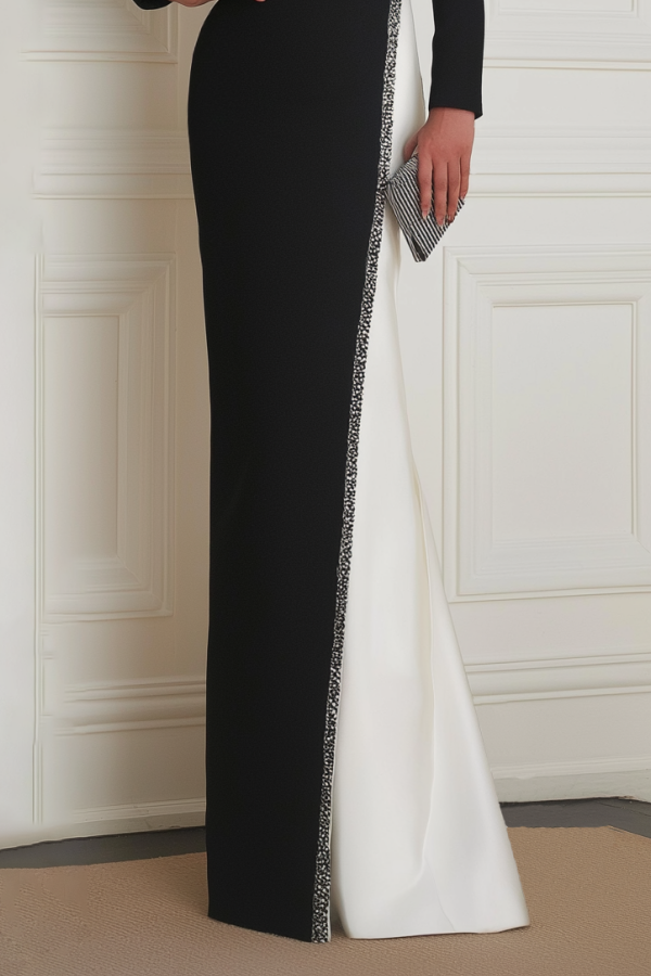 Formal Evening Dress Black White Crew Neck Long Sleeve Maxi Dress
