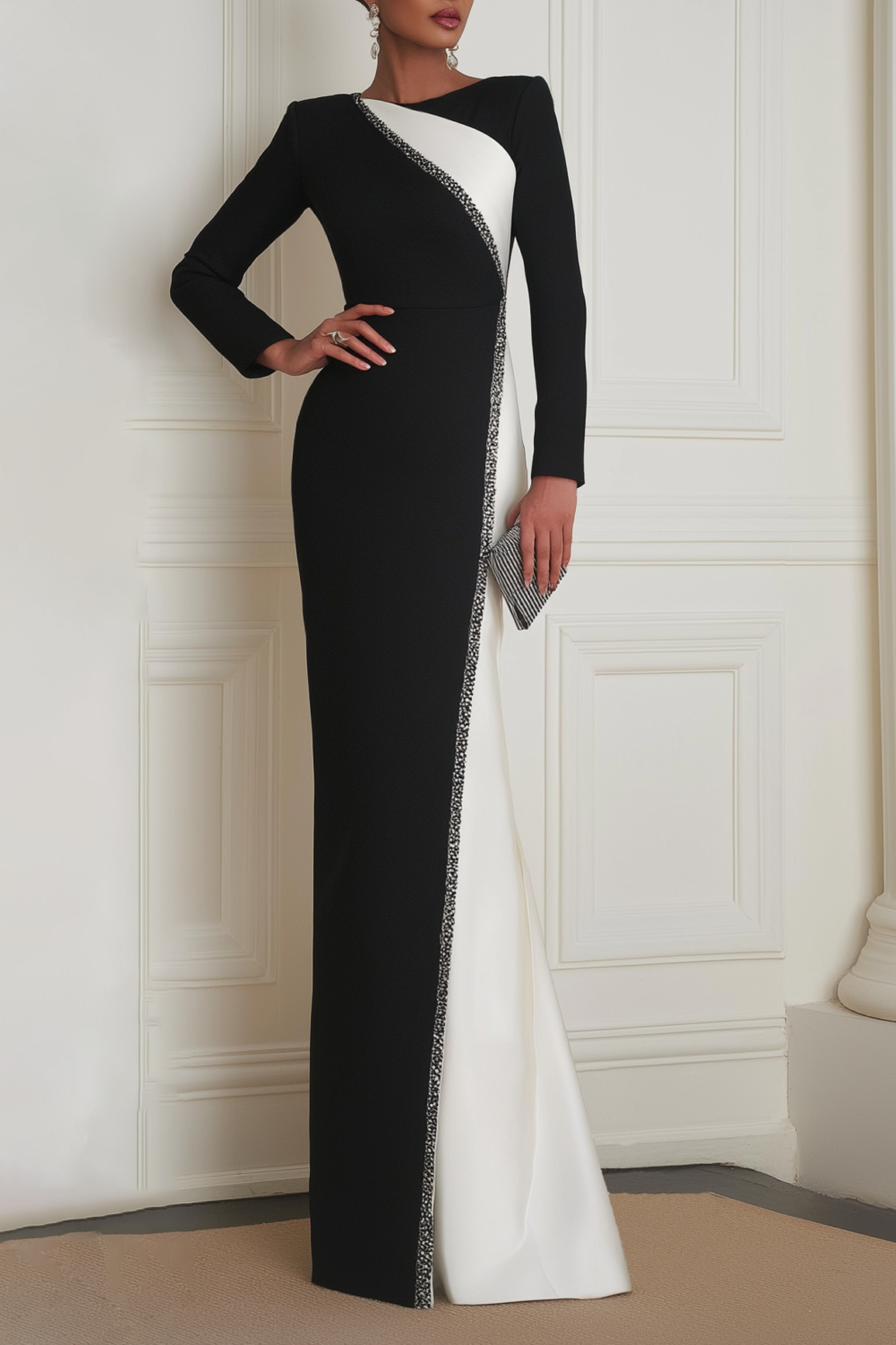 Formal Evening Dress Black White Crew Neck Long Sleeve Maxi Dress
