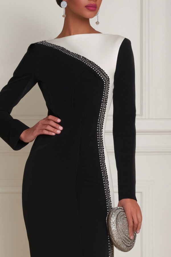 Formal Evening Dress Black White Crew Neck Long Sleeve Maxi Dress