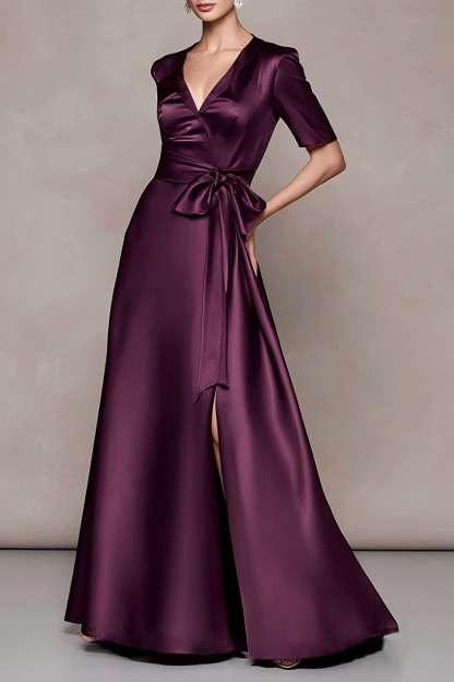 Formal ​Wedding Dress Dark Purple Satin Midi Dress Mother of the Bride