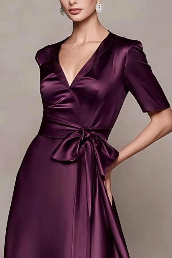 Formal ​Wedding Dress Dark Purple Satin Midi Dress Mother of the Bride