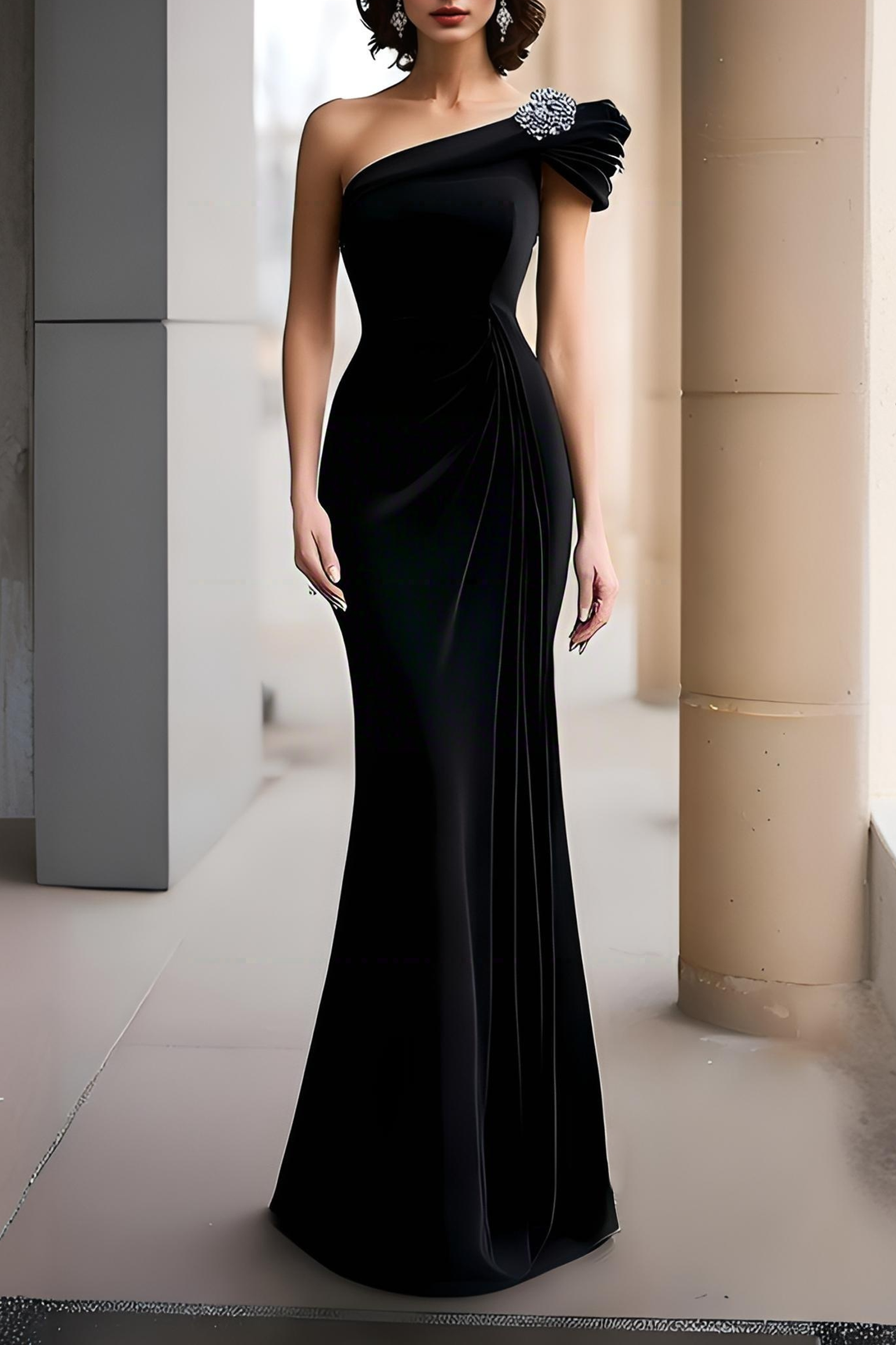 Formal Evening Dress Black One Shoulder Velvet Maxi Dress