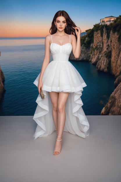 Homecoming Dress​​ White Spaghetti Strap with Train Mini Dress