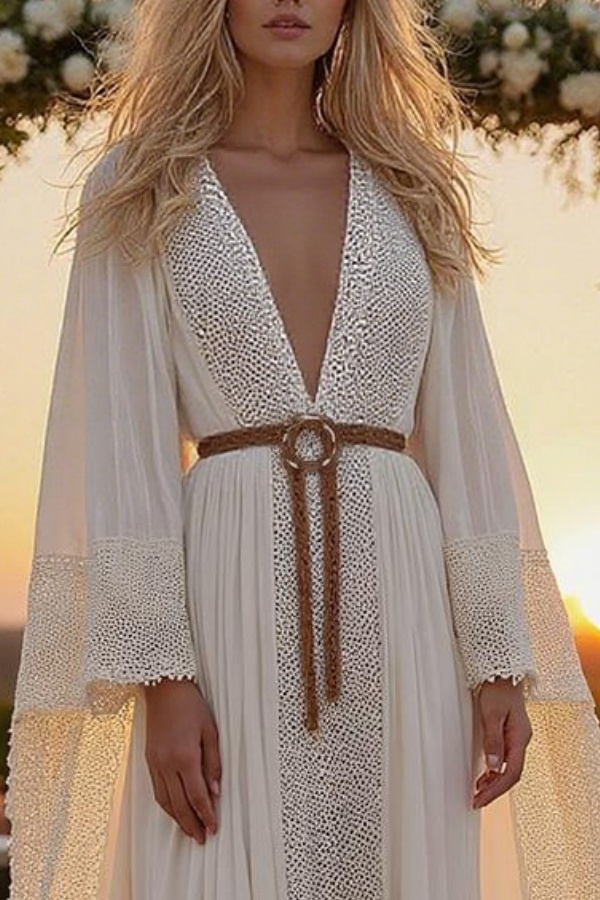 Formal ​Wedding Dress White Deep V Long Sleeve Belted Maxi Dress