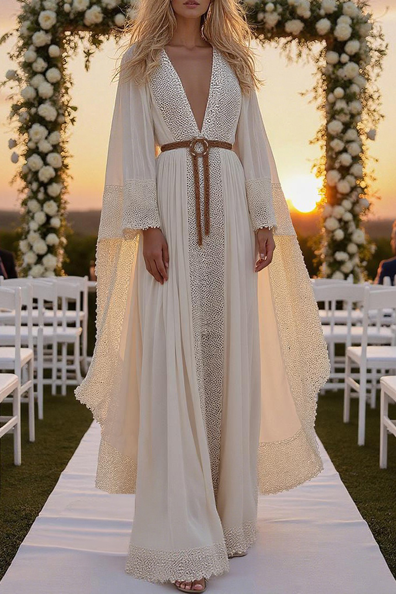 Formal ​Wedding Dress White Deep V Long Sleeve Belted Maxi Dress