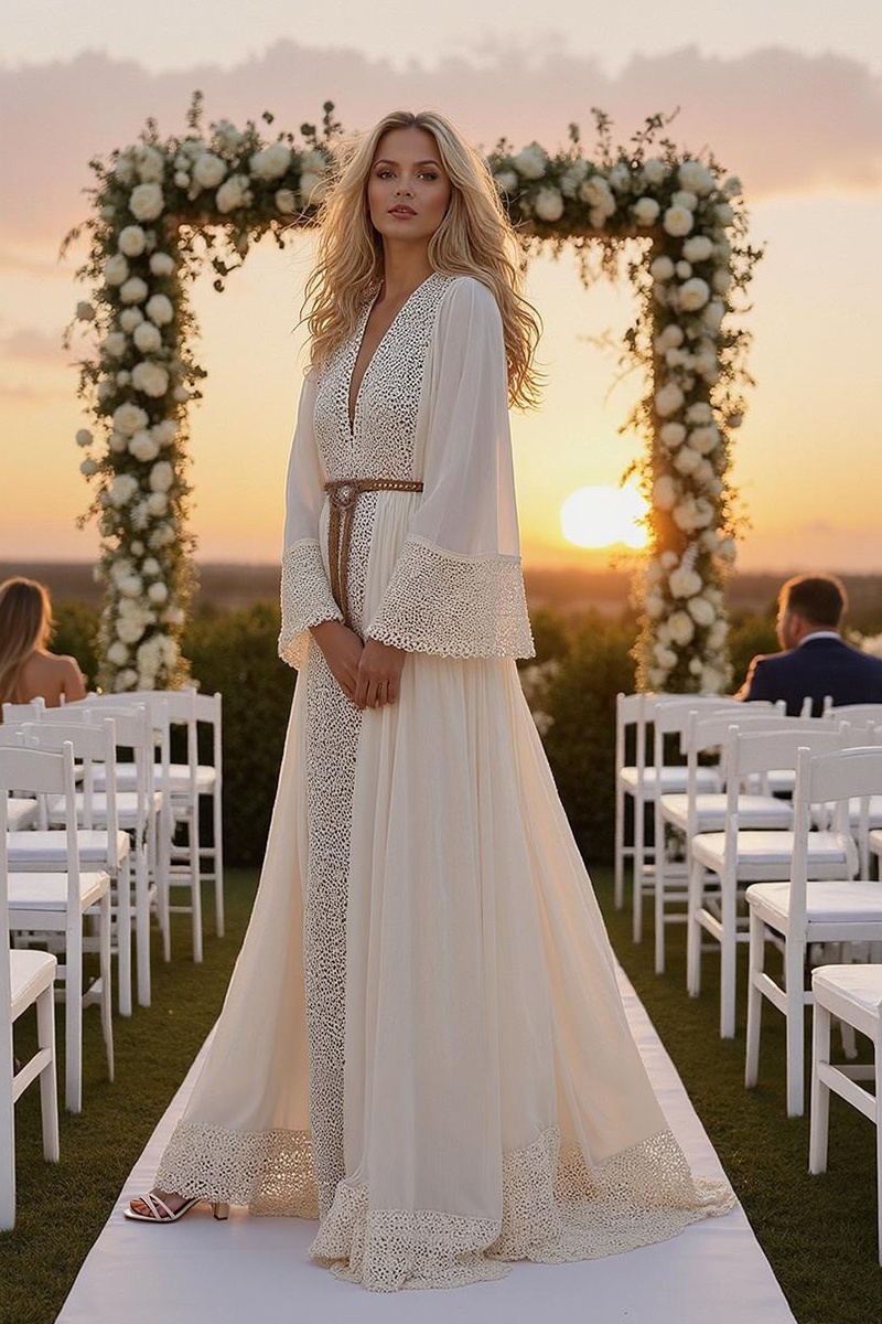 Formal ​Wedding Dress White Deep V Long Sleeve Belted Maxi Dress