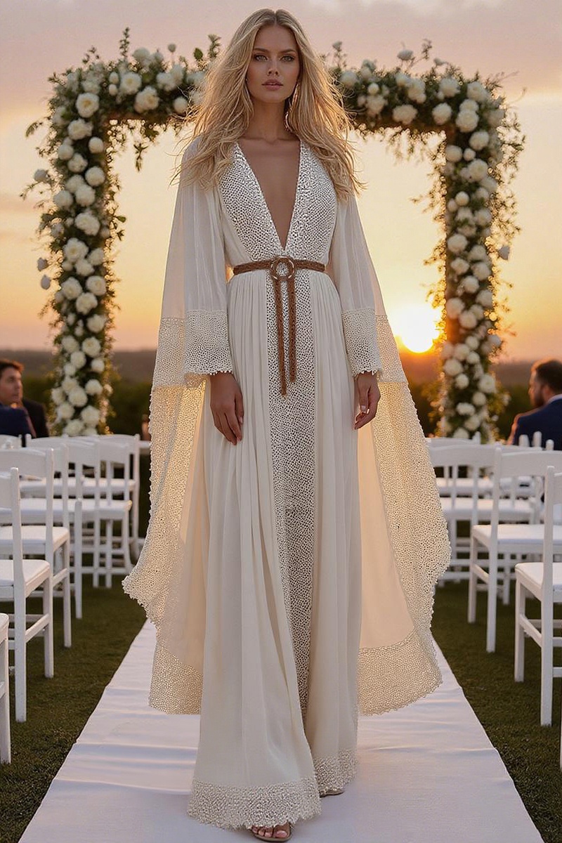 Formal ​Wedding Dress White Deep V Long Sleeve Belted Maxi Dress