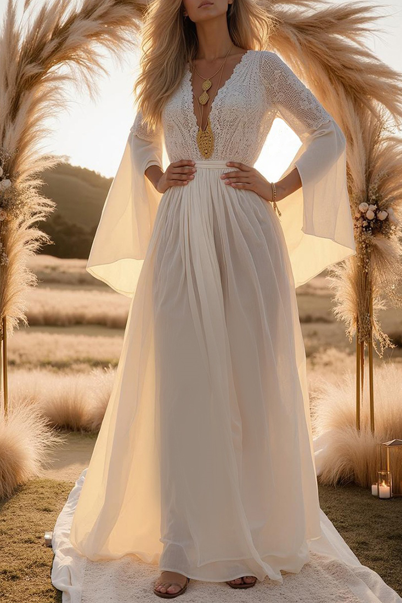 Formal ​Wedding Dress White V Neck Long Sleeve Lace Maxi Dress
