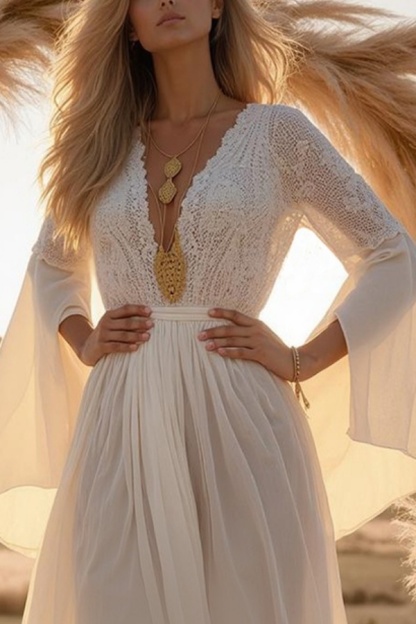 Formal ​Wedding Dress White V Neck Long Sleeve Lace Maxi Dress