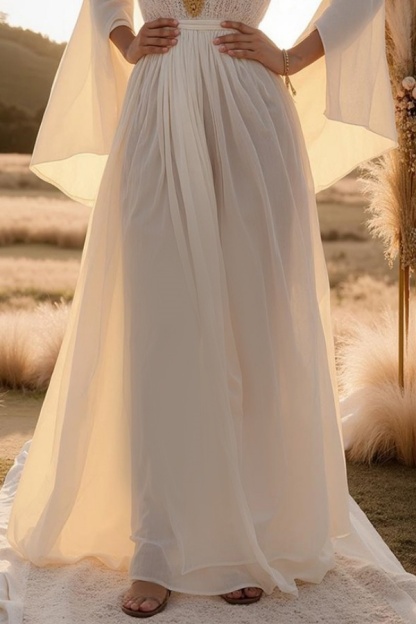 Formal ​Wedding Dress White V Neck Long Sleeve Lace Maxi Dress