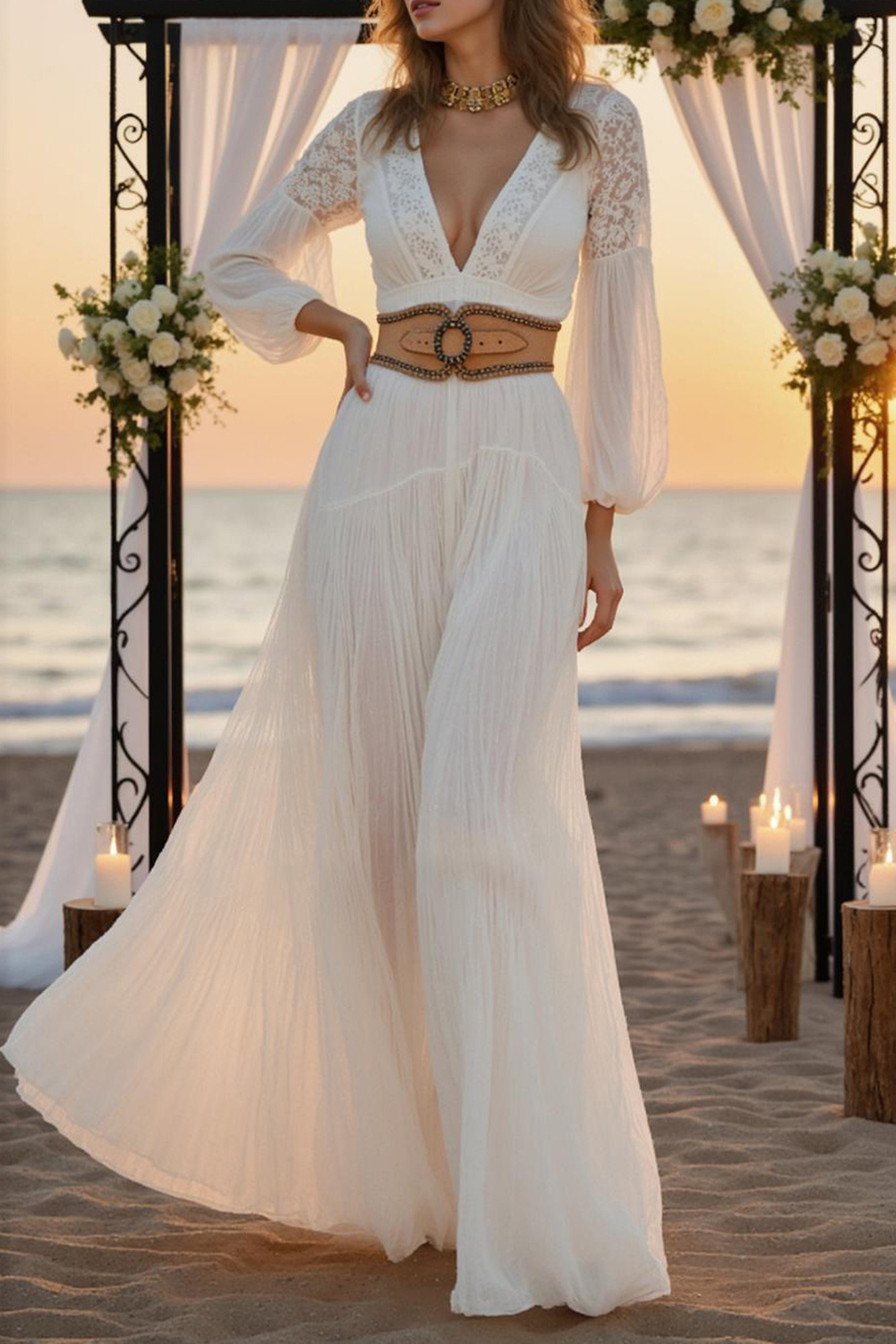 Formal ​Wedding Dress White Deep V Long Sleeve Belted Maxi Dress